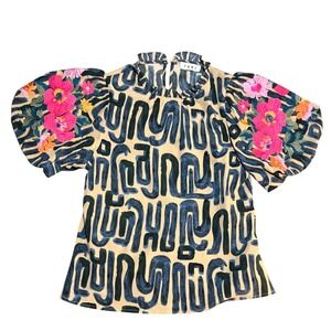 THML Abstract Floral Embroidered Puff Sleeve Ruffle Neck Blouse XS Coconut Boho